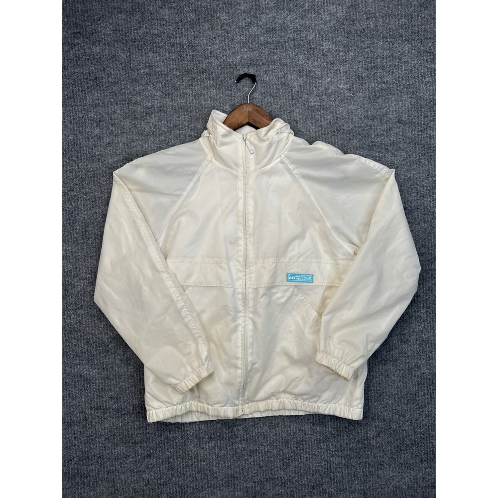 River Edge Vintage Windbreaker‎ Jacket Off White Nylon Full Zip Hooded Small/Med